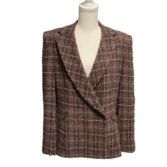 Philippe Adec Jackets & Blazers - Phillipe Adec VTG One Button Wool Blend Plaid Tweed Prune Blazer Sz 12/44 NWT